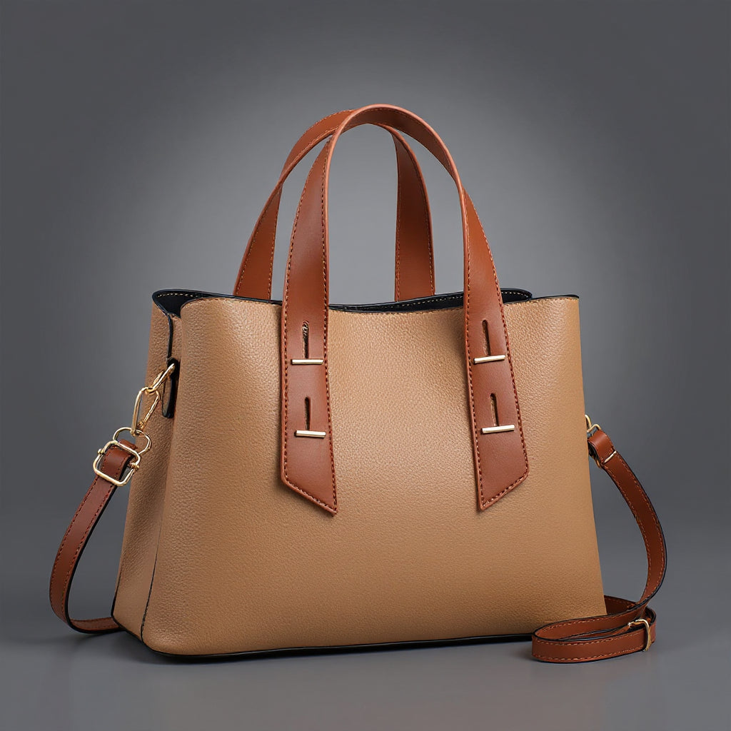 Women's Pebbled Leather Tote Bag – Dual Top Handles & Contrast Strap Detail
